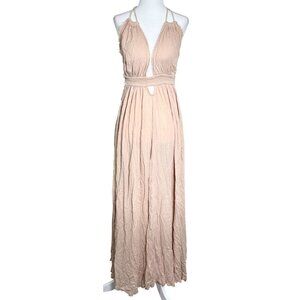 Free People Womens Dress M/L Light Pink Halter Maxi Tassel Tie Back Beachy Boho